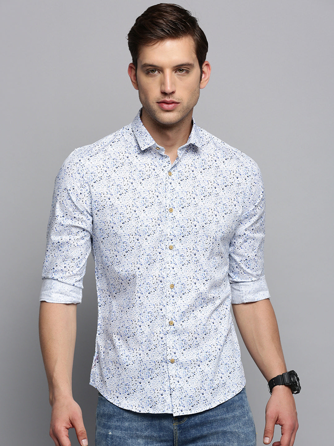 Men Spread Collar Printed White Shirt