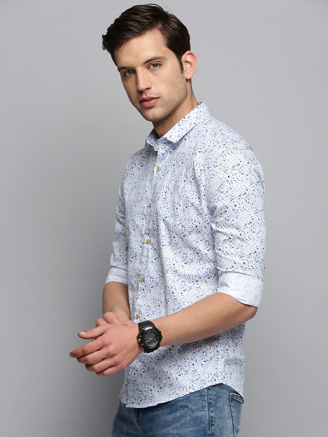 Men Spread Collar Printed White Shirt