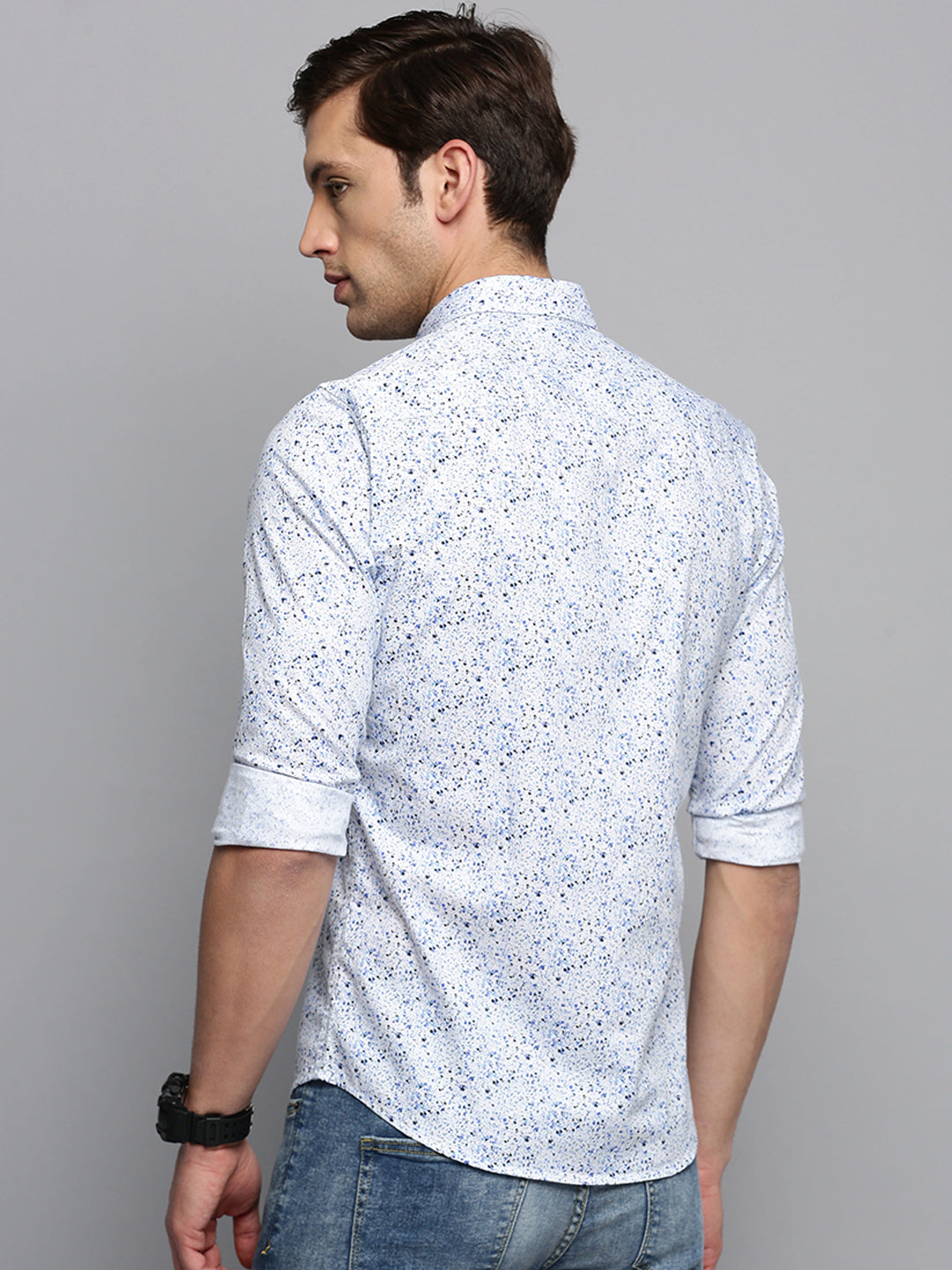 Men Spread Collar Printed White Shirt