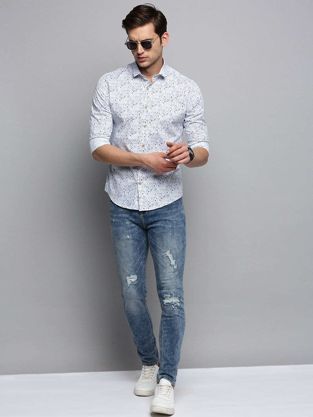 Men Spread Collar Printed White Shirt