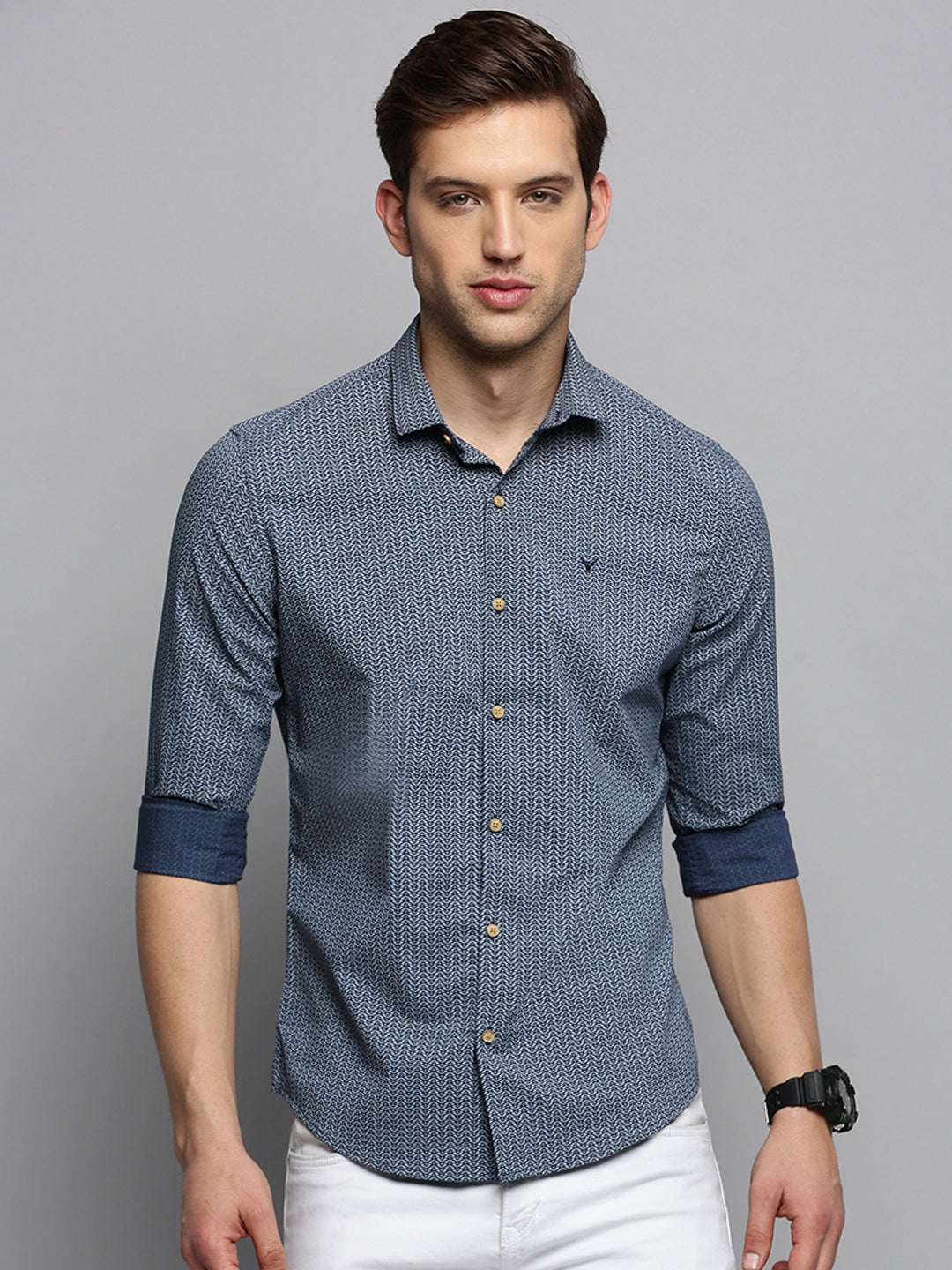 Men Spread Collar Printed Navy Blue Shirt