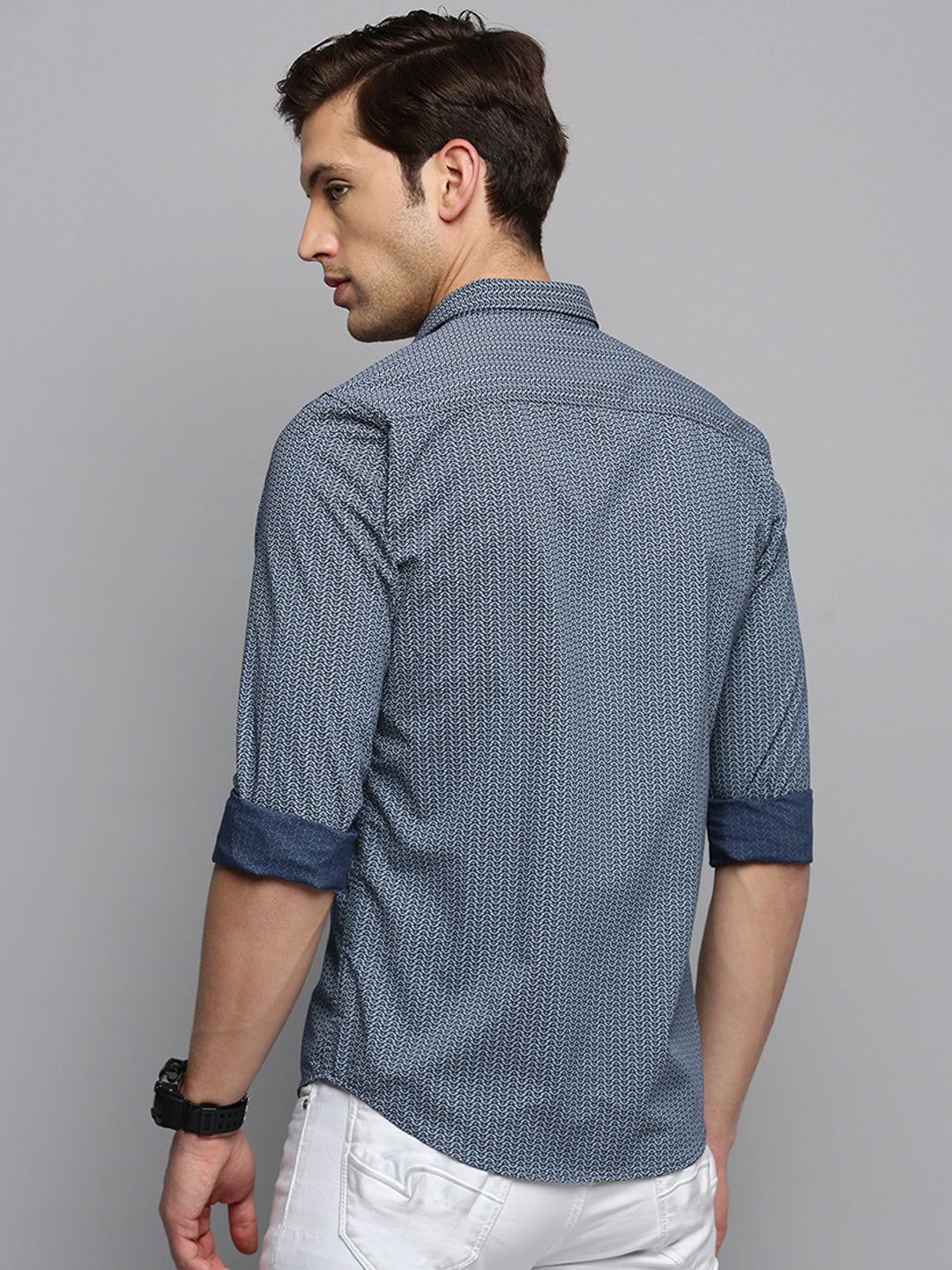 Men Spread Collar Printed Navy Blue Shirt