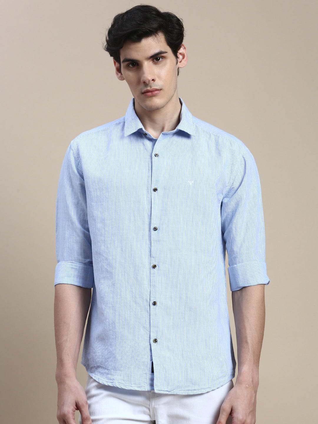 Men Spread Collar Striped Blue Shirt