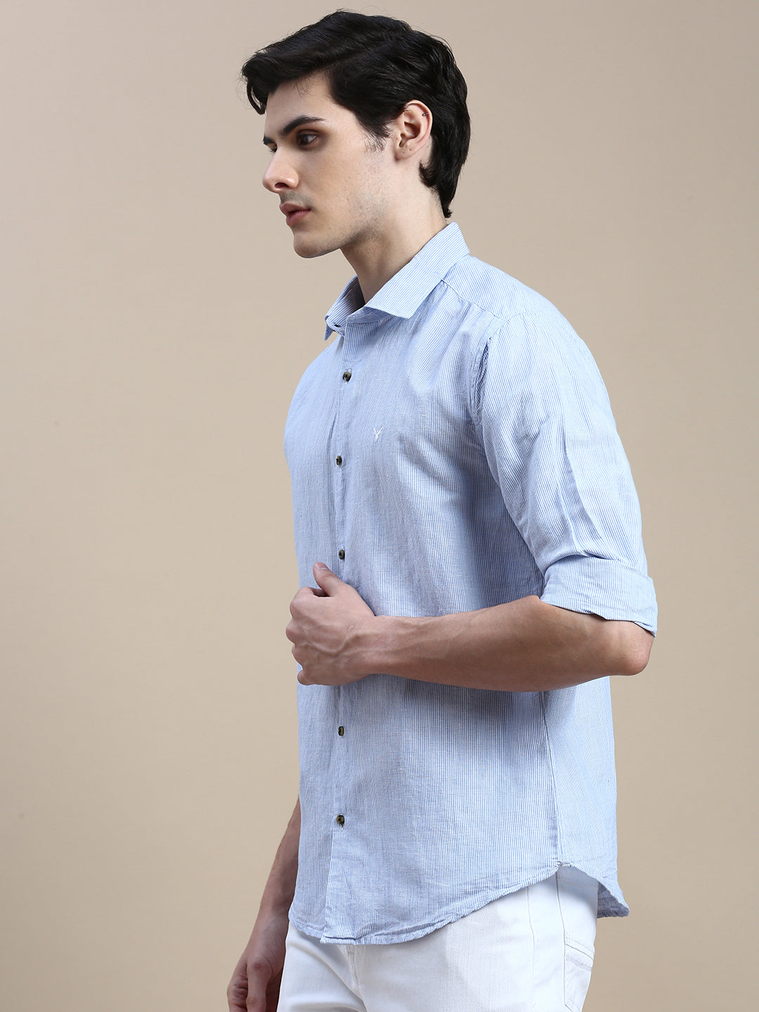 Men Spread Collar Striped Blue Shirt