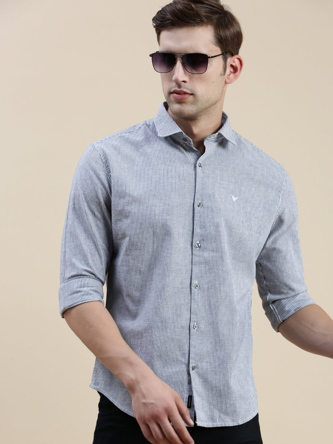 Men Spread Collar Striped Grey Shirt