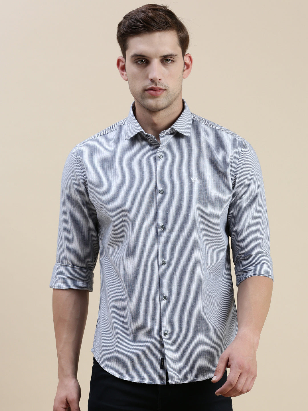 Men Spread Collar Striped Grey Shirt