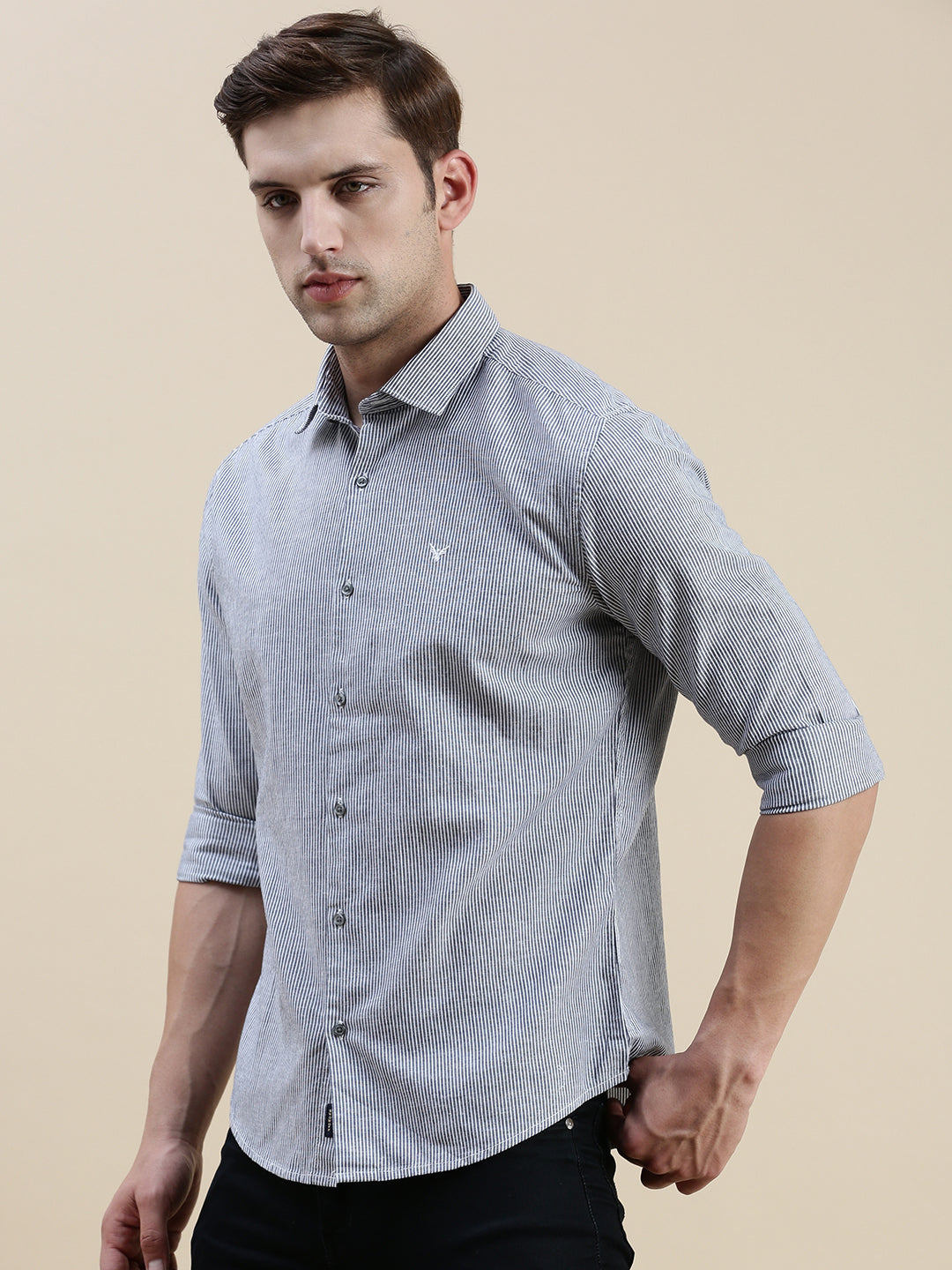 Men Spread Collar Striped Grey Shirt