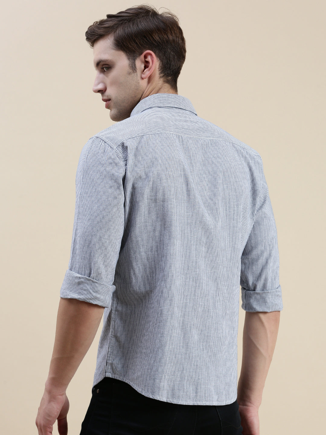 Men Spread Collar Striped Grey Shirt