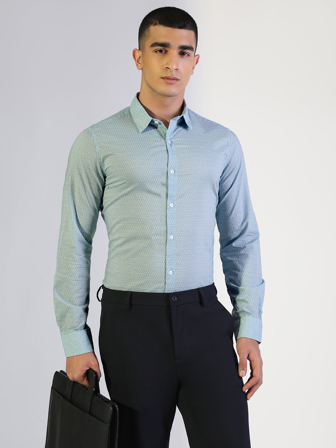 Men's Micro-Print Pattern Blue Slim Fit Formal Shirt