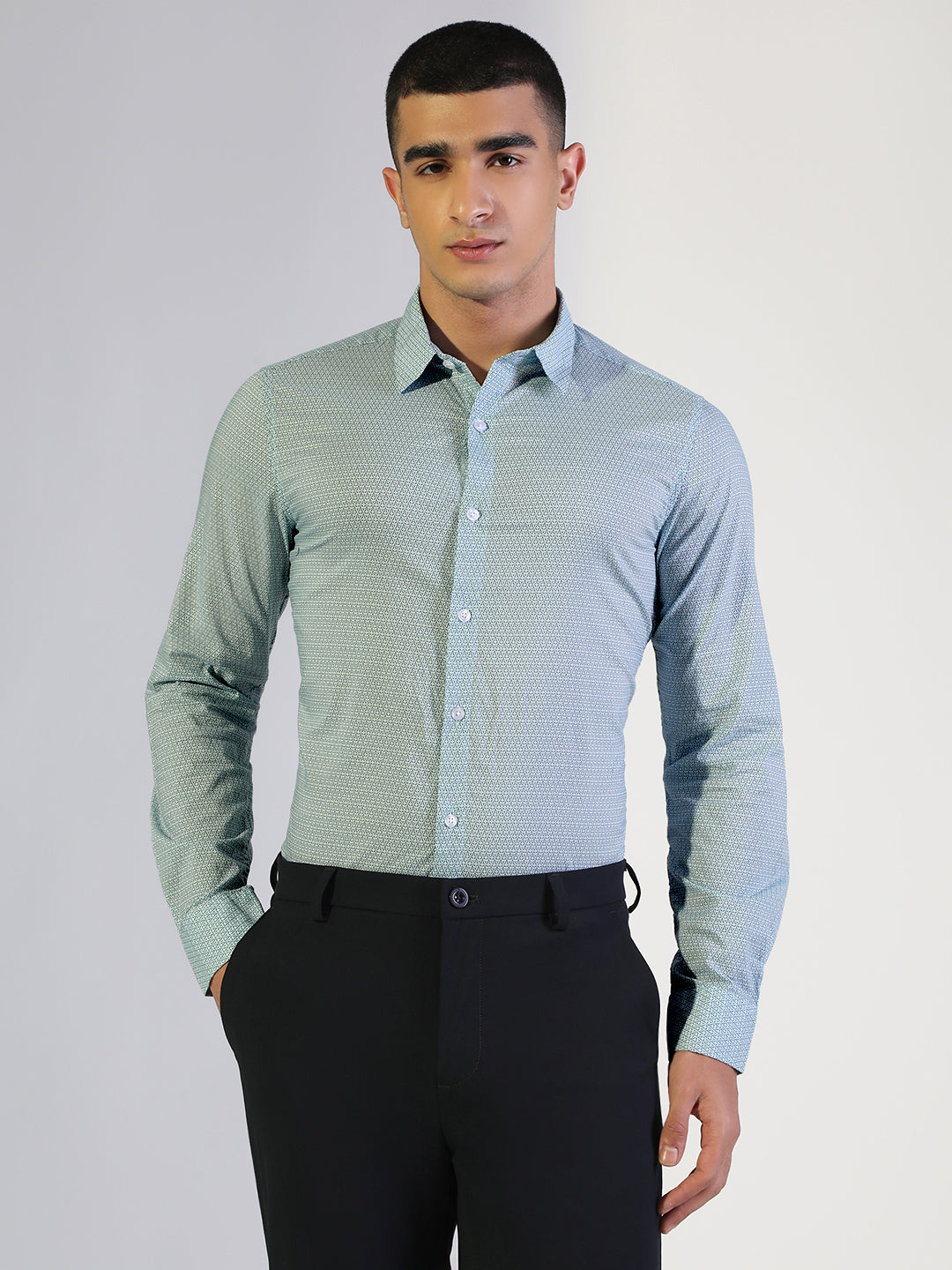 Men's Micro-Print Pattern Blue Slim Fit Formal Shirt