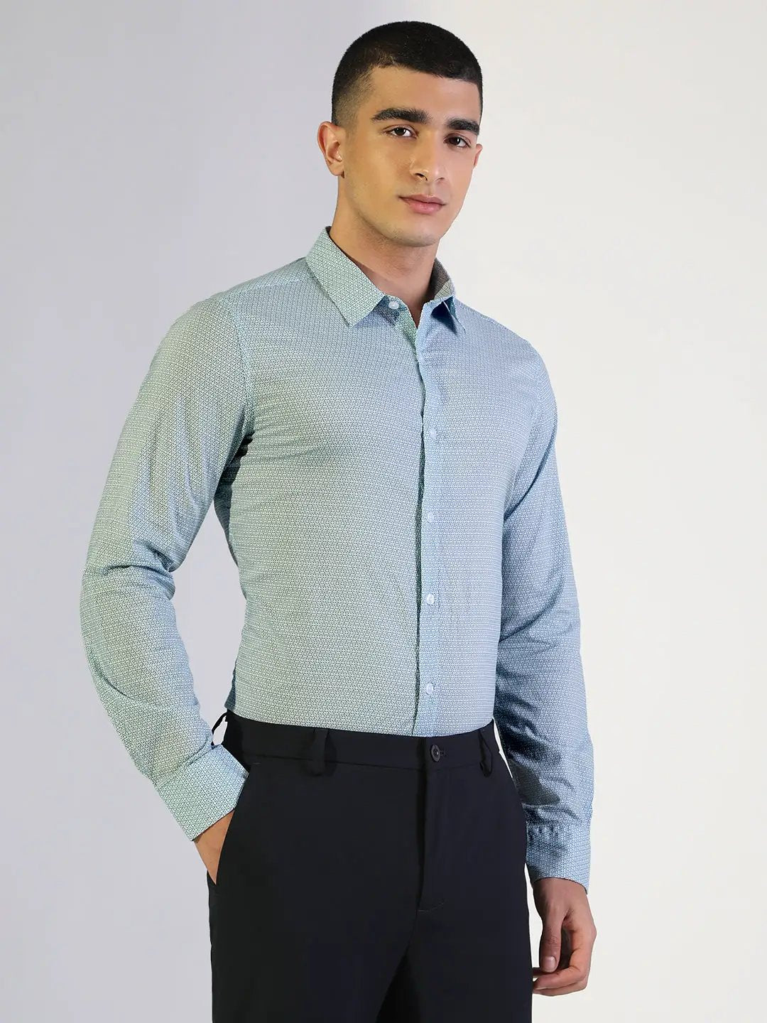 Men's Micro-Print Pattern Blue Slim Fit Formal Shirt - from SHOWOFFFF