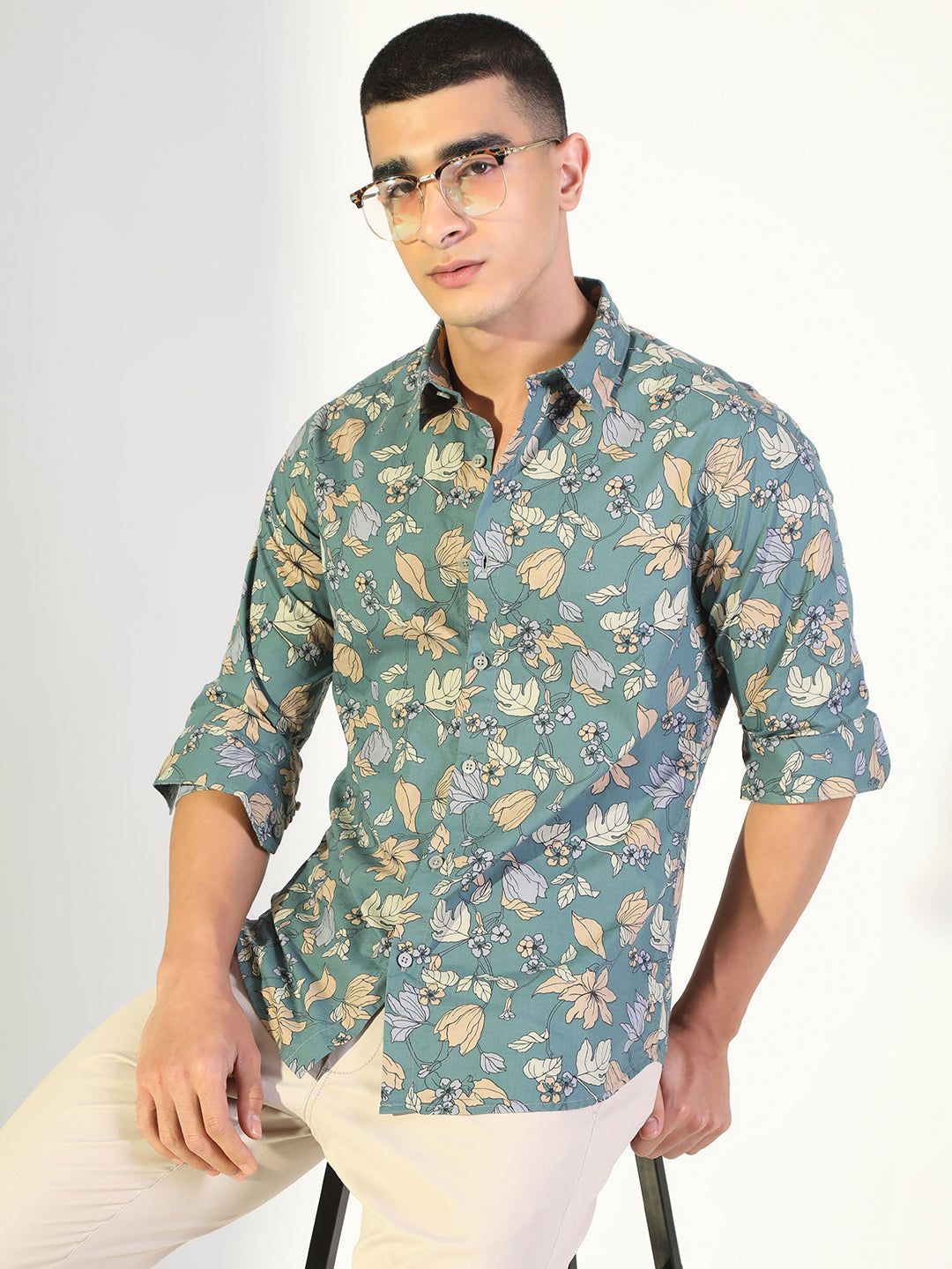 Men's Floral Green Slim Fit Casual Shirt