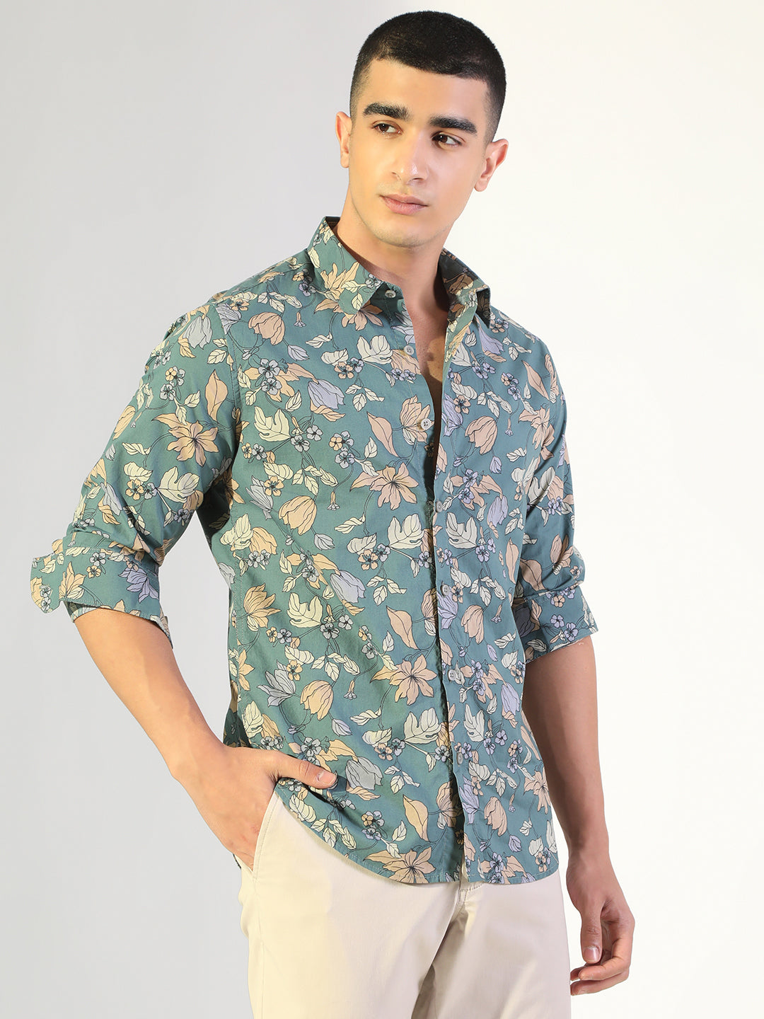 Men's Floral Green Slim Fit Casual Shirt