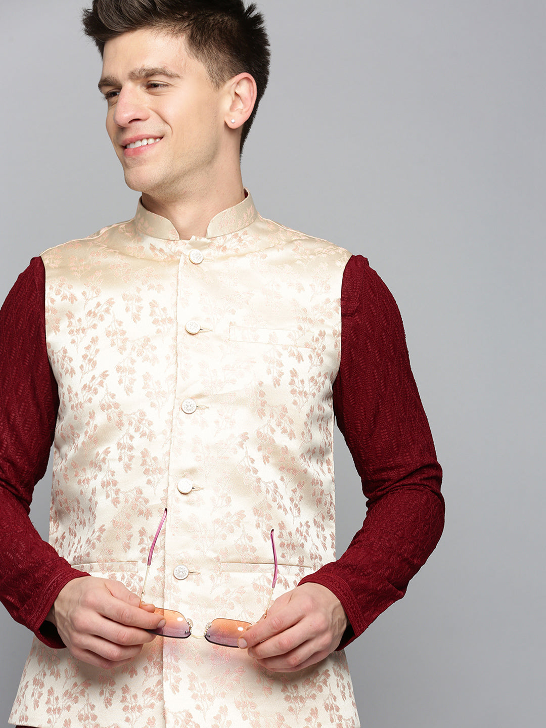 Men Mandarin Collar Woven Design Rose Gold Nehru Jacket