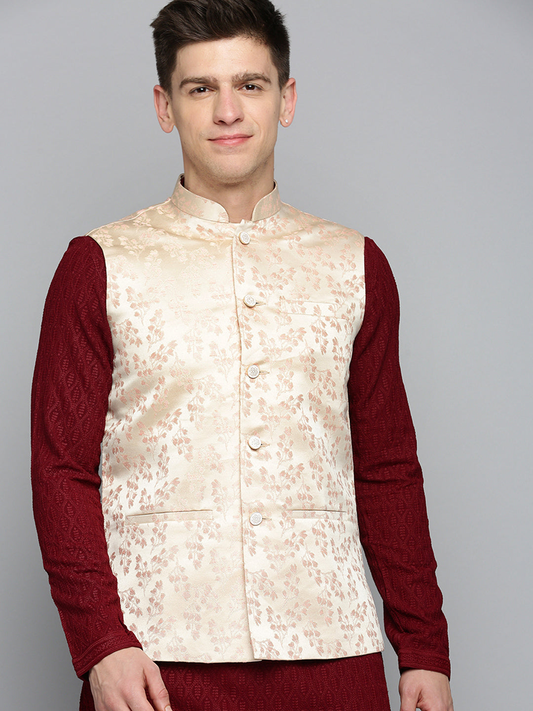 Men Mandarin Collar Woven Design Rose Gold Nehru Jacket