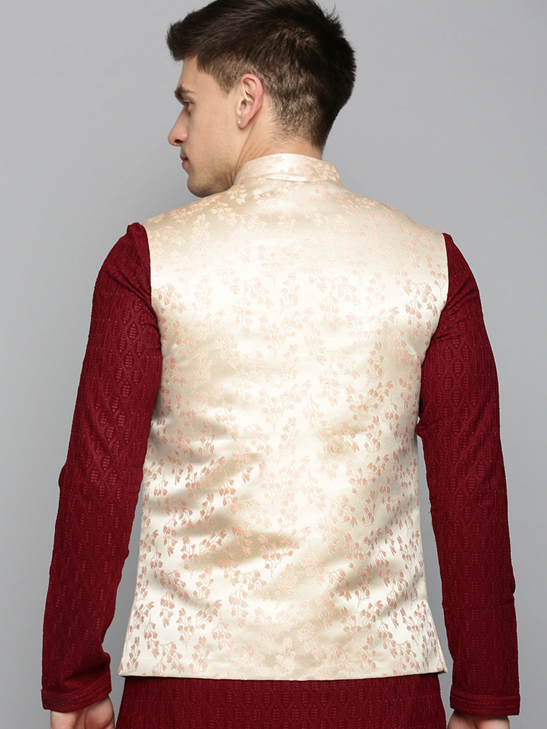 Men Mandarin Collar Woven Design Rose Gold Nehru Jacket