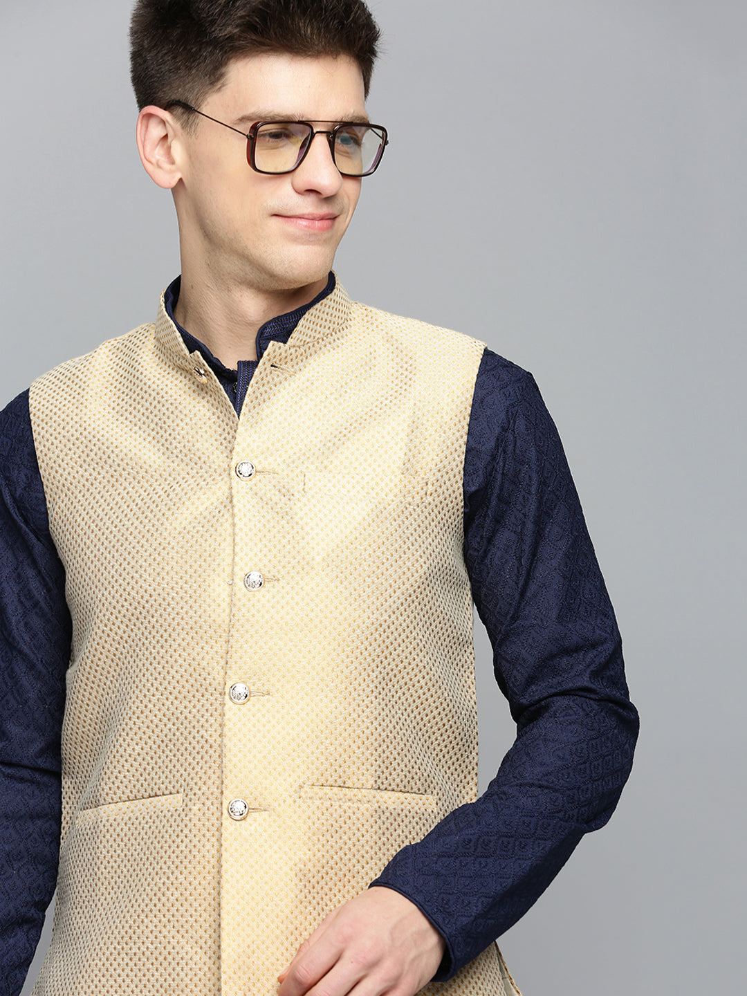 Men Mandarin Collar Woven Design Gold Nehru Jacket