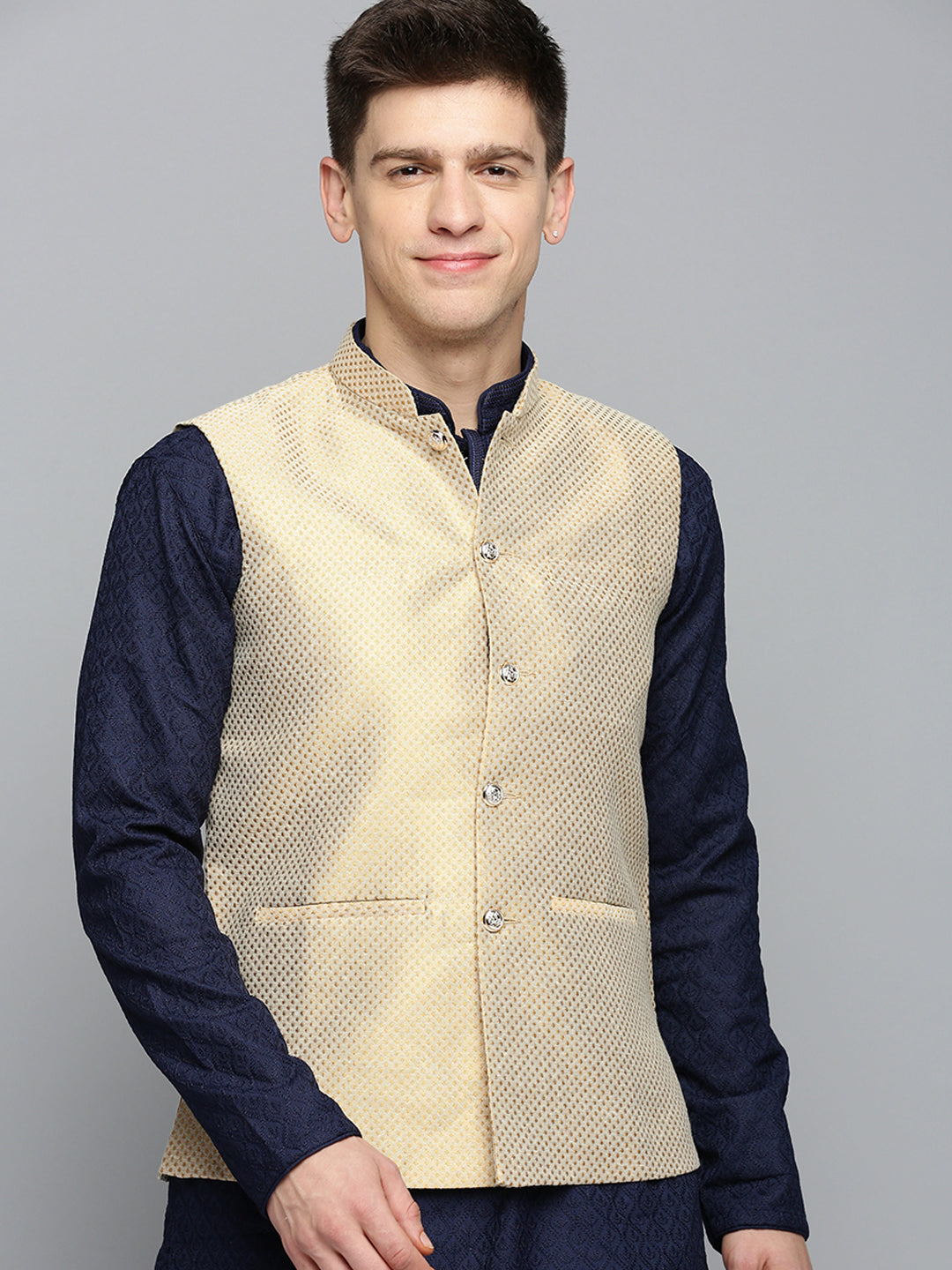 Men Mandarin Collar Woven Design Gold Nehru Jacket