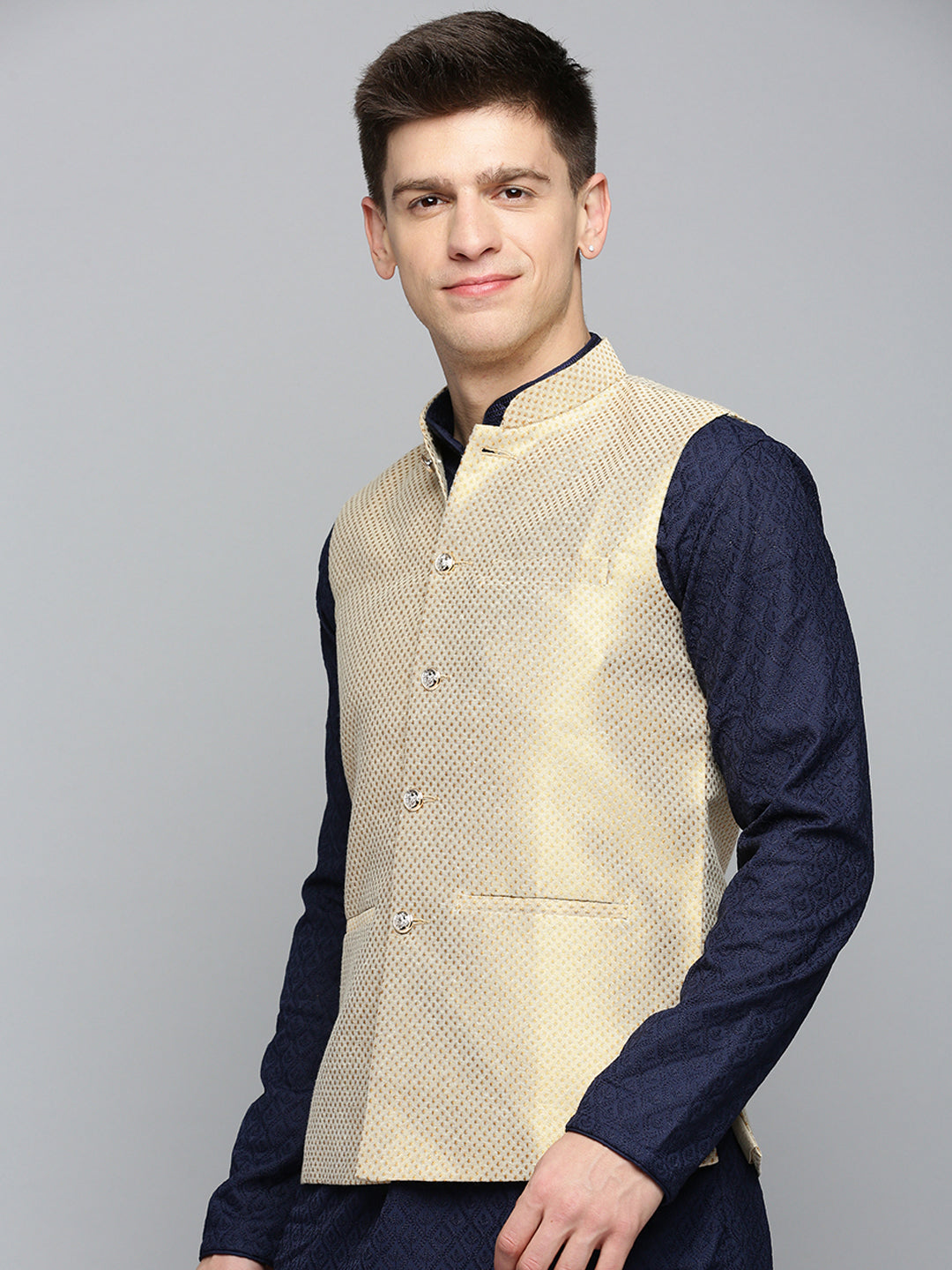 Men Mandarin Collar Woven Design Gold Nehru Jacket