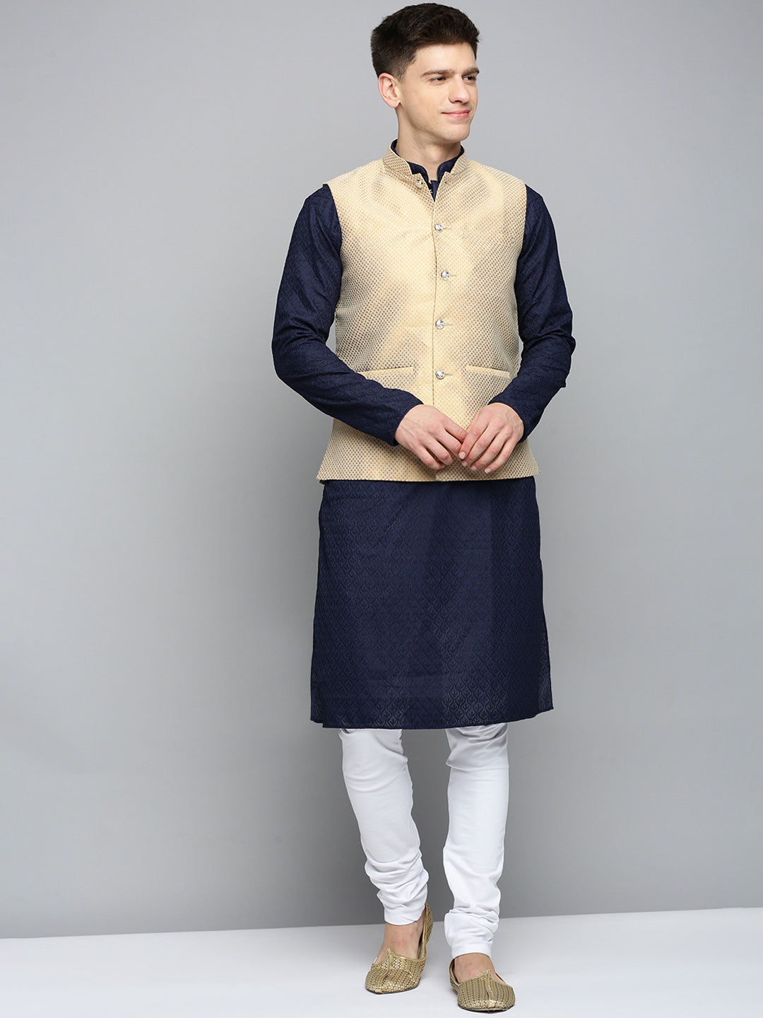 Men Mandarin Collar Woven Design Gold Nehru Jacket