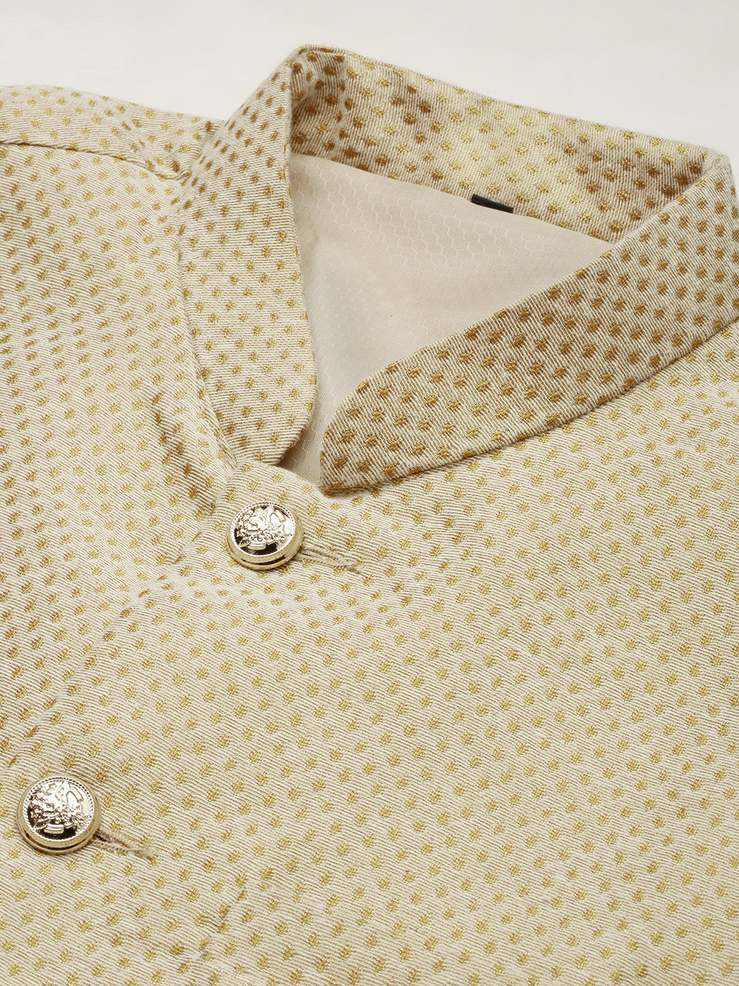 Men Mandarin Collar Woven Design Gold Nehru Jacket