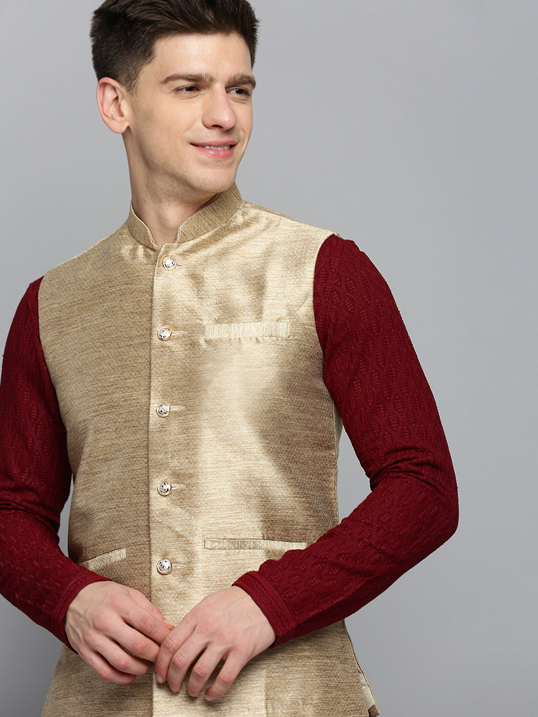 Men Mandarin Collar Woven Design Gold Nehru Jacket