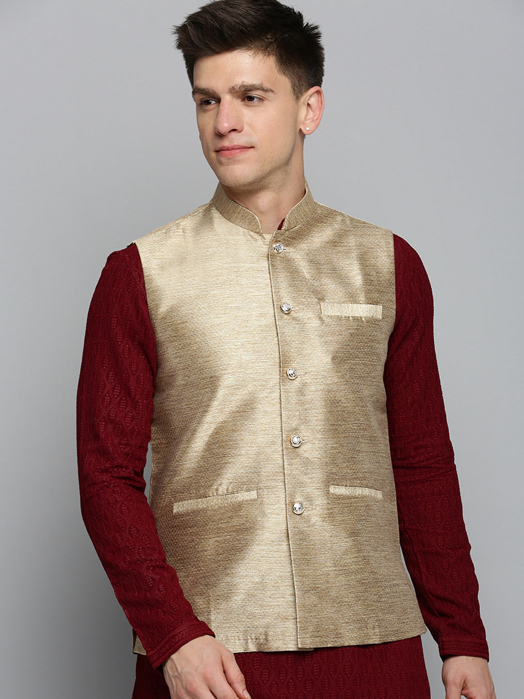 Men Mandarin Collar Woven Design Gold Nehru Jacket