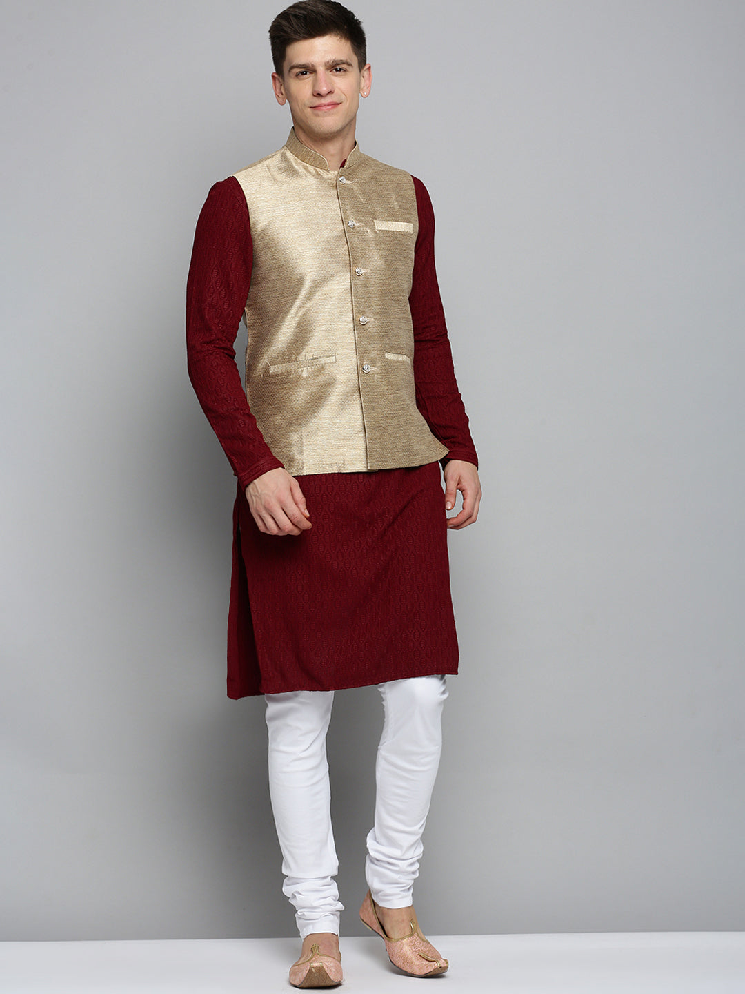 Men Mandarin Collar Woven Design Gold Nehru Jacket