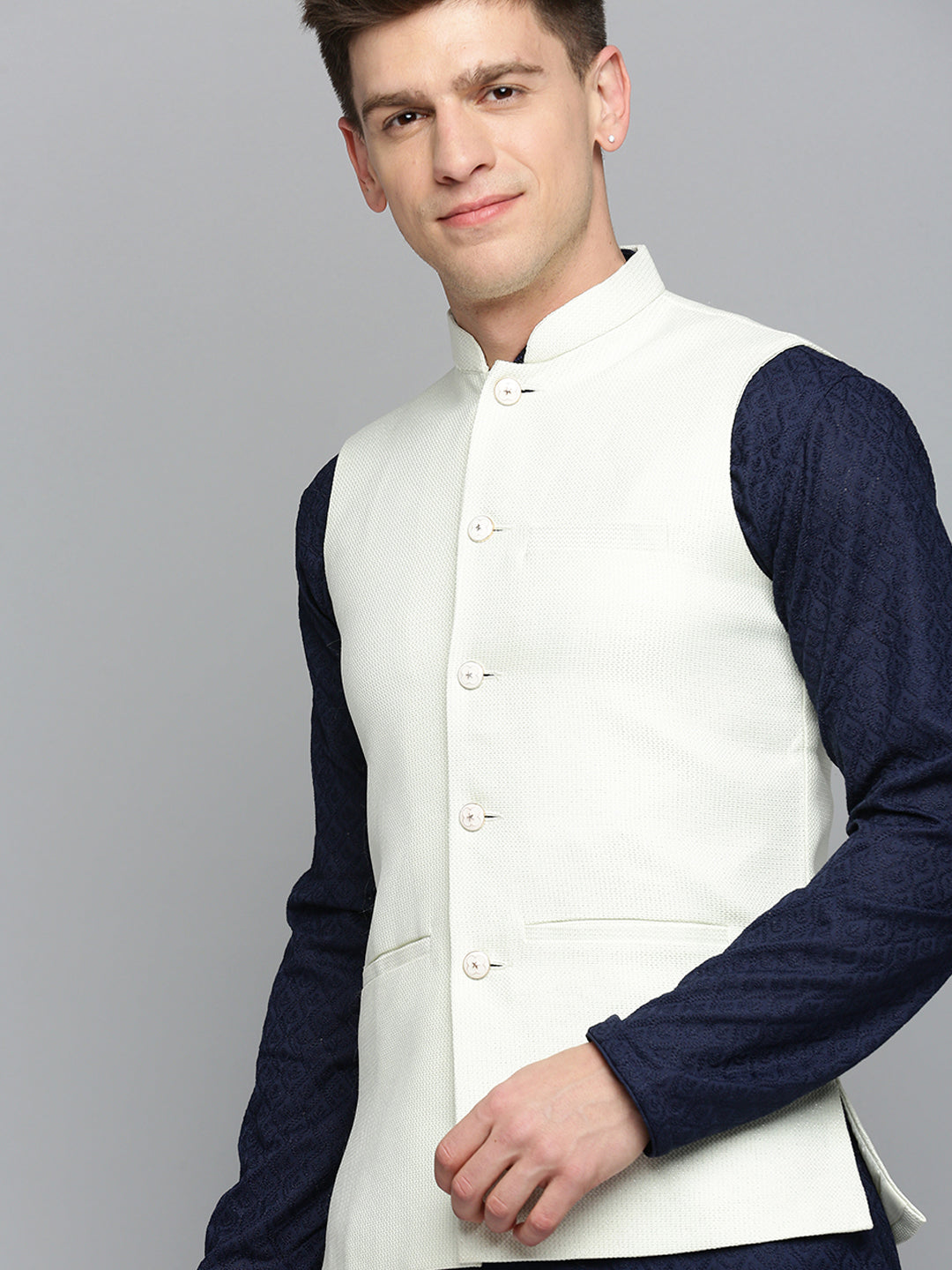 Men Mandarin Collar Woven Design Cream Nehru Jacket