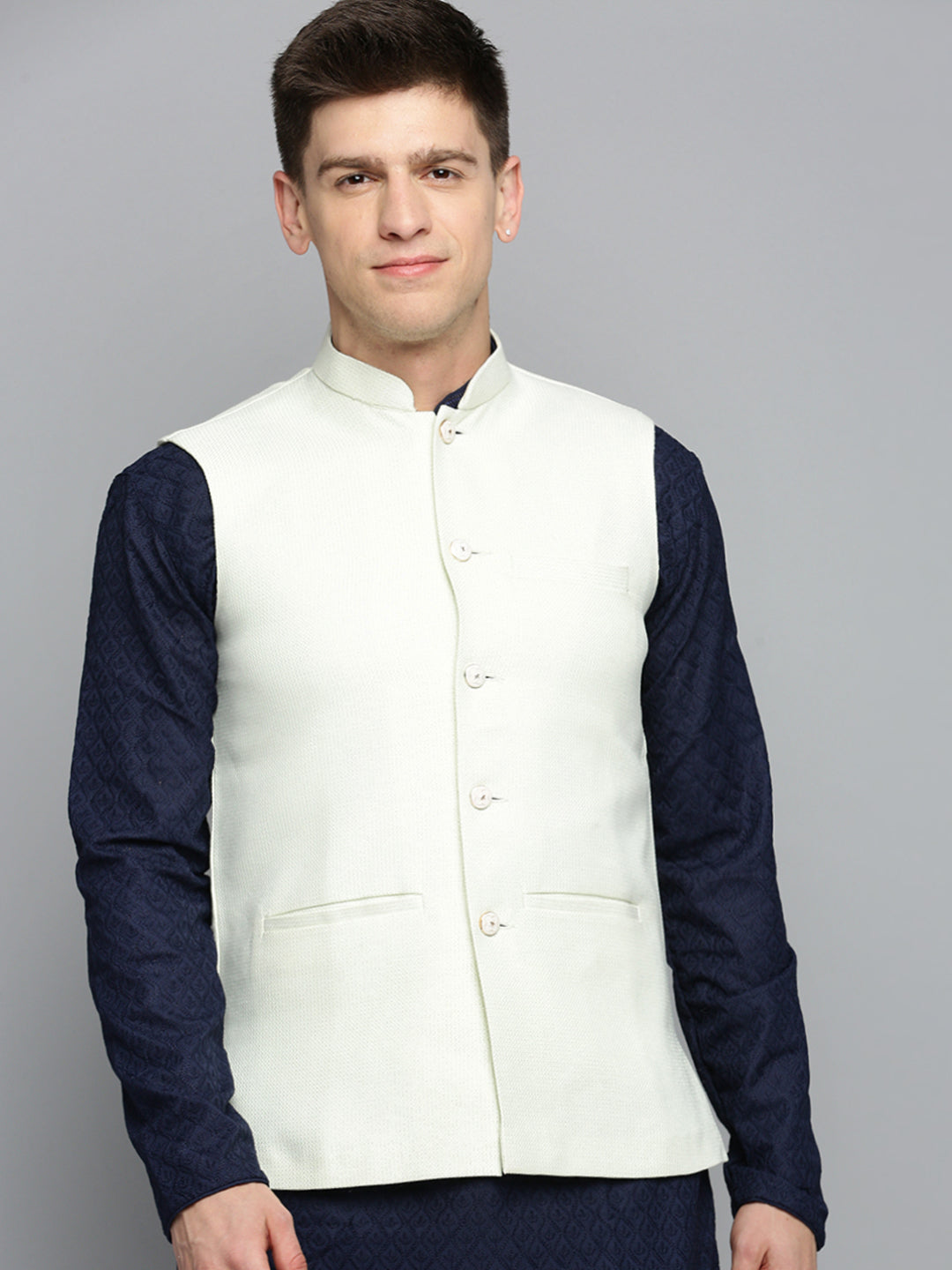 Men Mandarin Collar Woven Design Cream Nehru Jacket