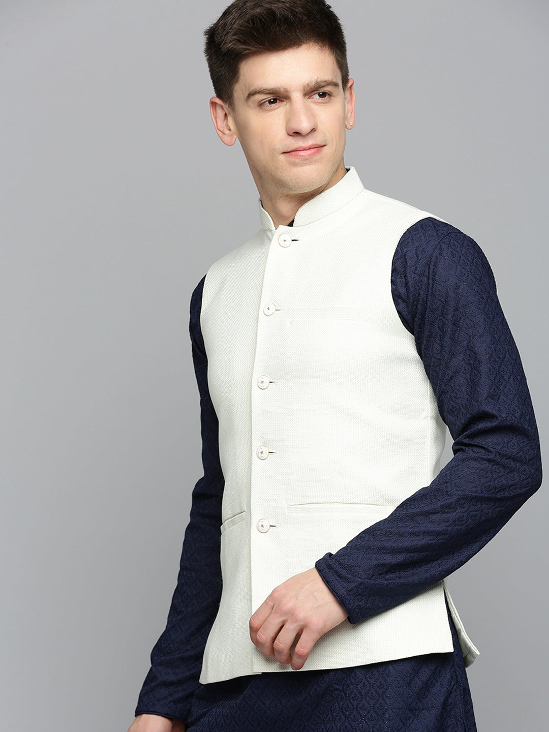 Men Mandarin Collar Woven Design Cream Nehru Jacket