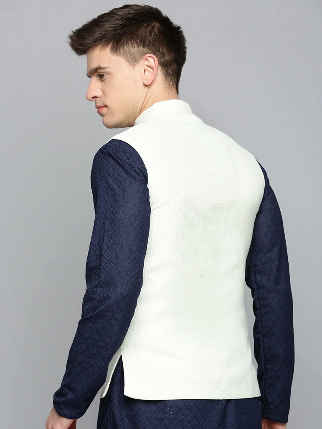 Men Mandarin Collar Woven Design Cream Nehru Jacket