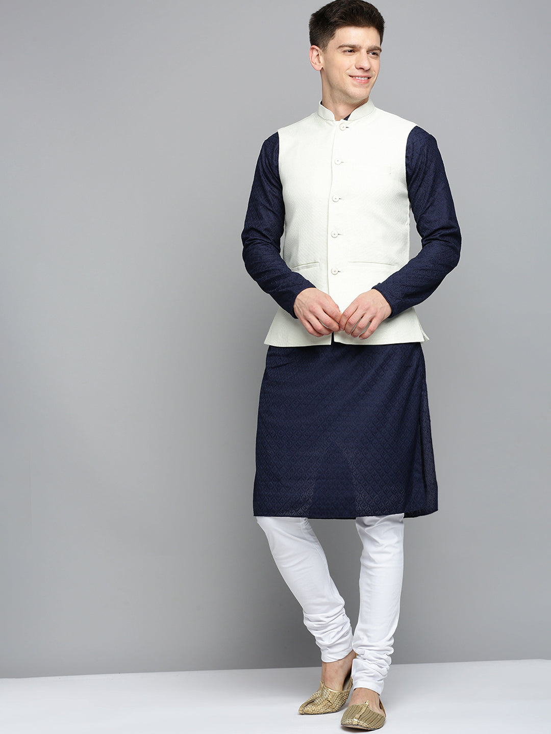 Men Mandarin Collar Woven Design Cream Nehru Jacket