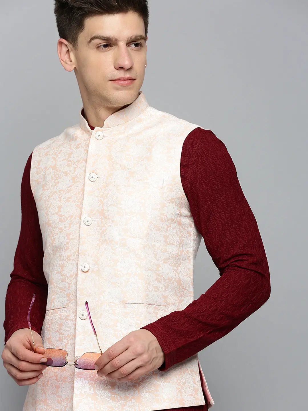 Men's Mandarin Collar Woven Design Peach Nehru Jacket