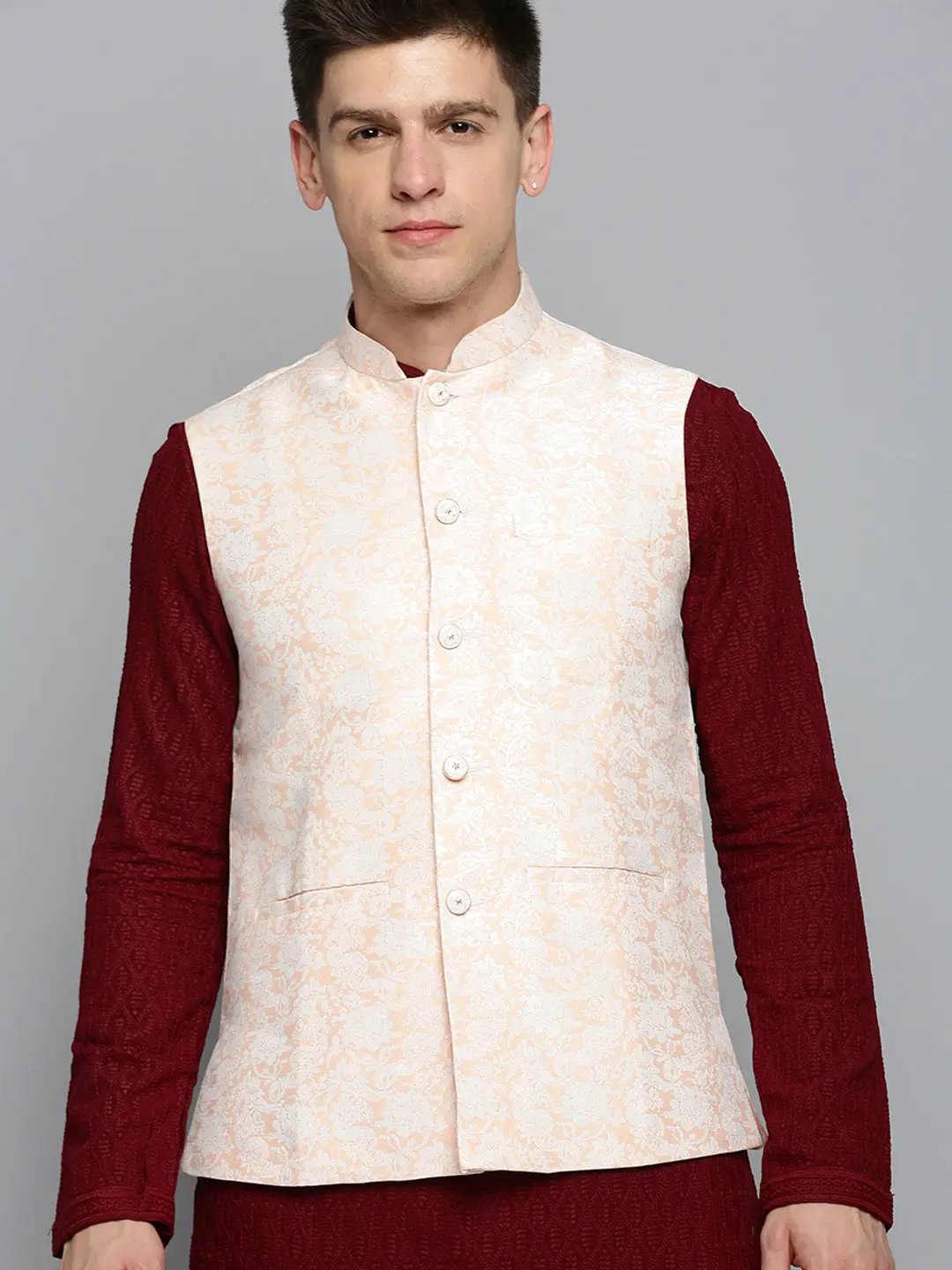Men's Mandarin Collar Woven Design Peach Nehru Jacket