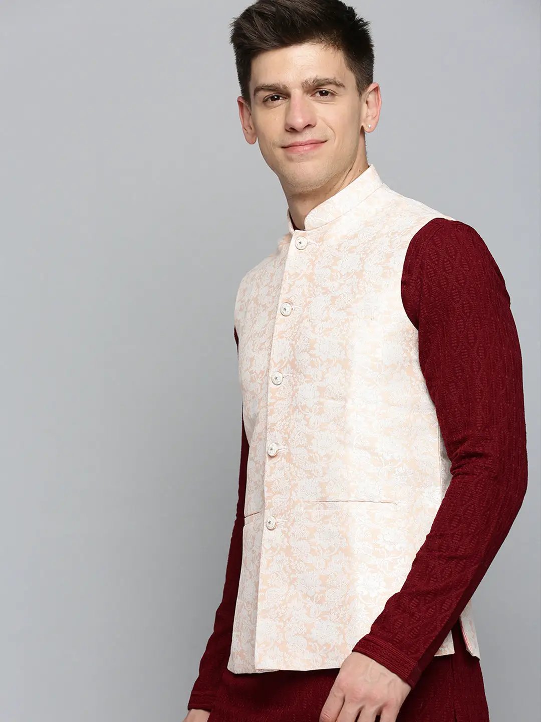 Men's Mandarin Collar Woven Design Peach Nehru Jacket