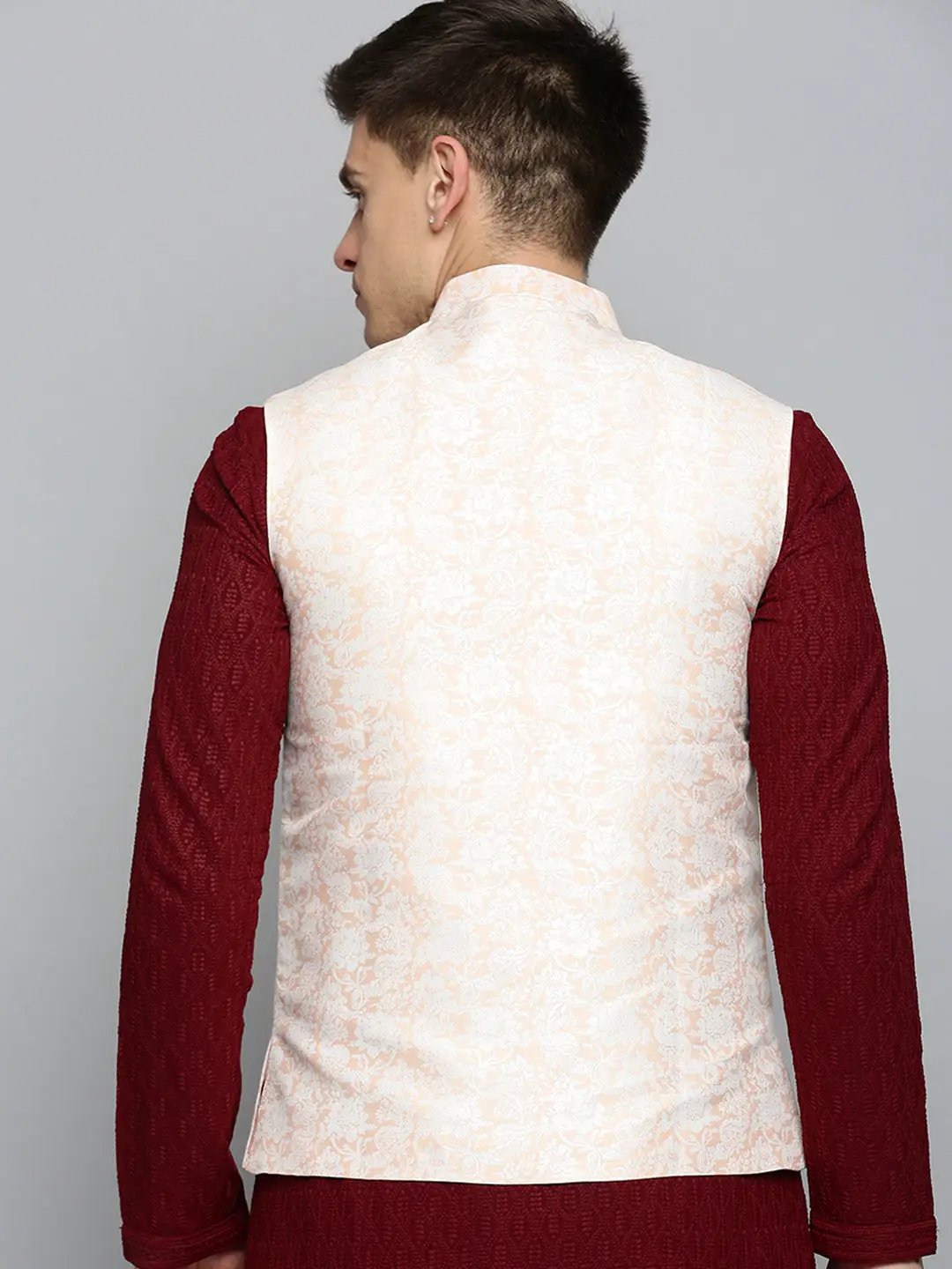 Men's Mandarin Collar Woven Design Peach Nehru Jacket