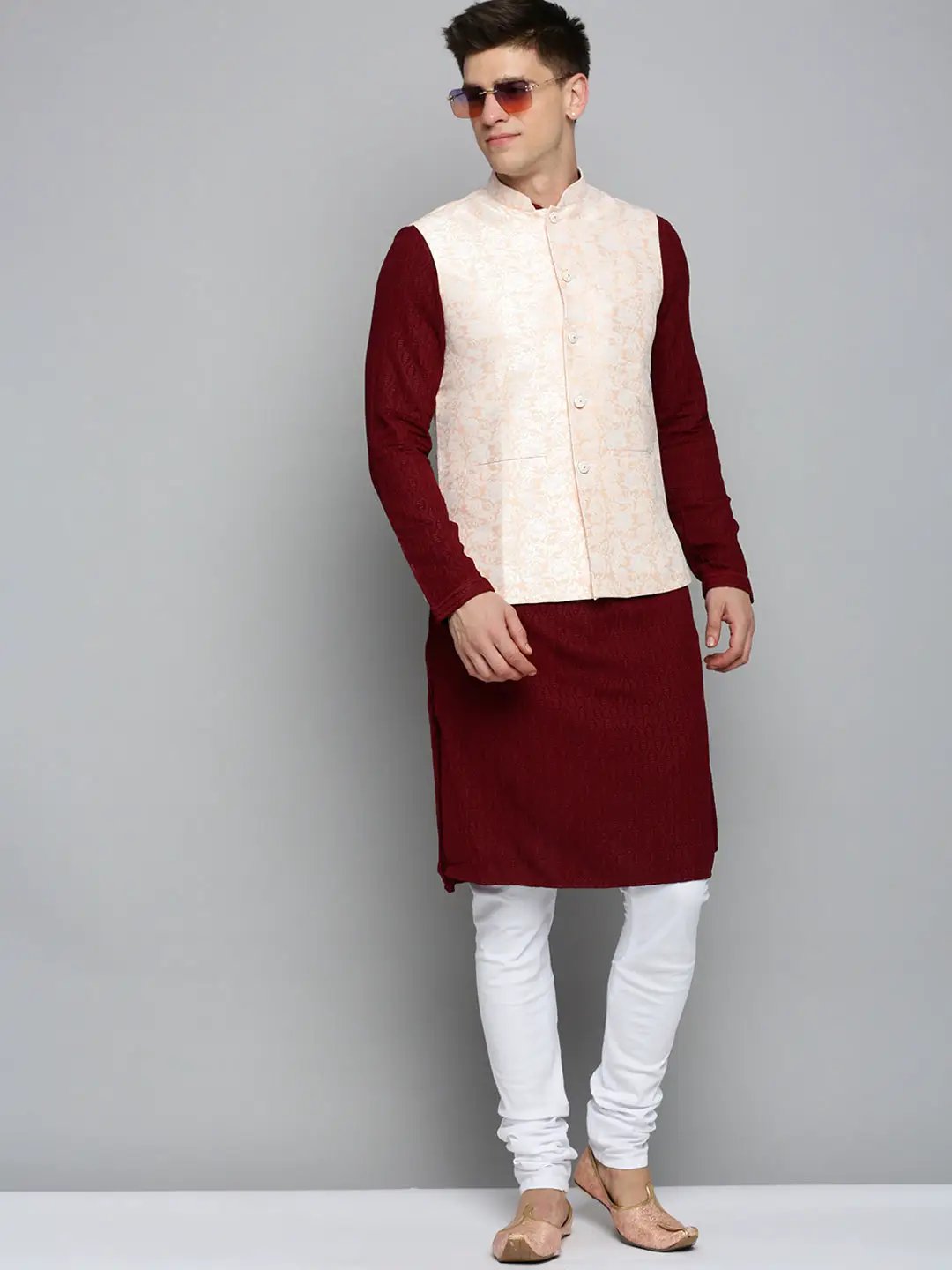 Men's Mandarin Collar Woven Design Peach Nehru Jacket