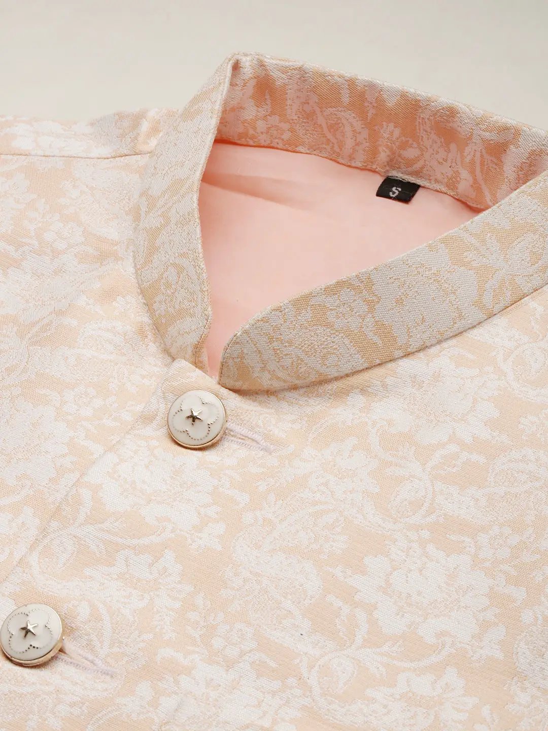Men's Mandarin Collar Woven Design Peach Nehru Jacket