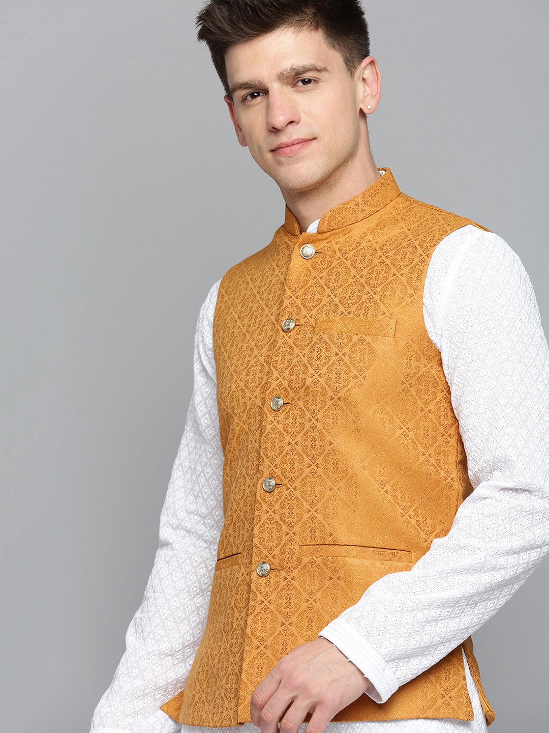 Men Mandarin Collar Woven Design Bronze Nehru Jacket