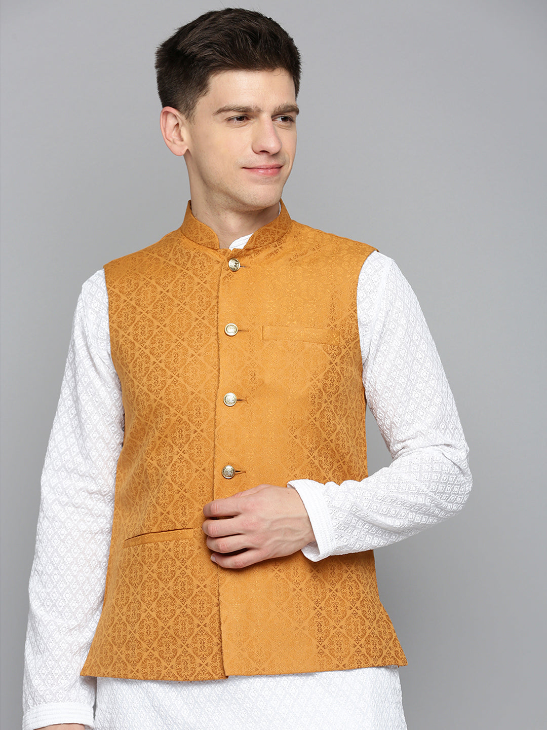 Men Mandarin Collar Woven Design Bronze Nehru Jacket