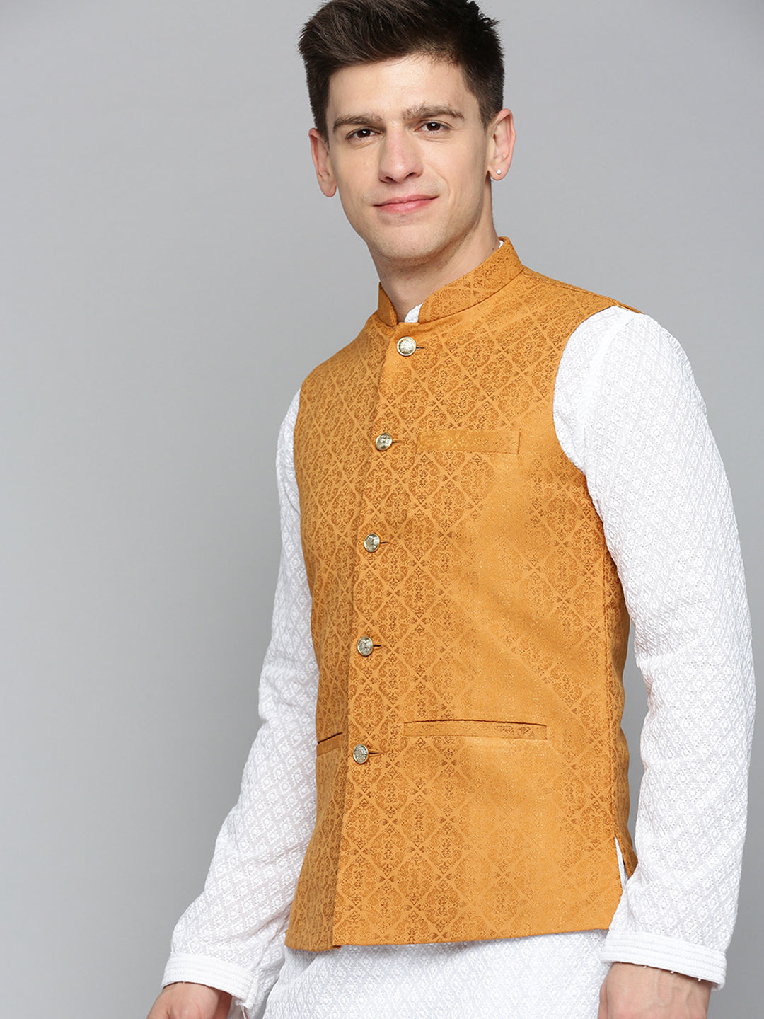 Men Mandarin Collar Woven Design Bronze Nehru Jacket