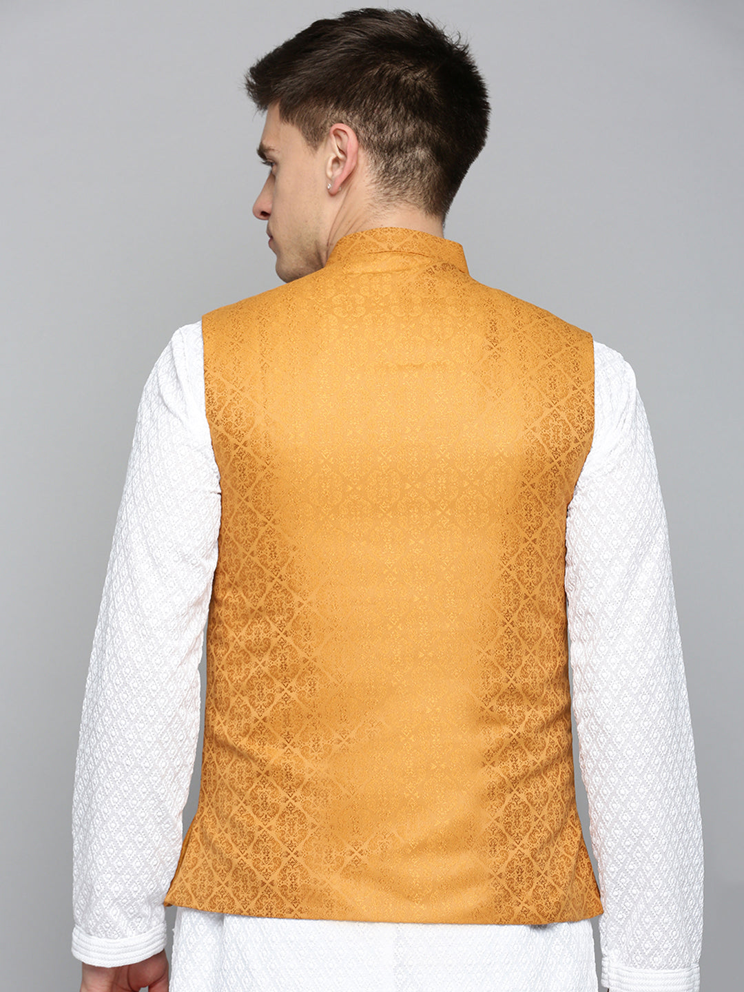 Men Mandarin Collar Woven Design Bronze Nehru Jacket