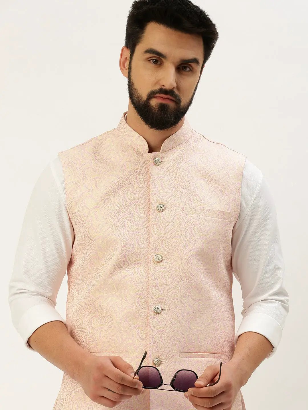 Men's Mandarin Collar Woven Design Pink Nehru Jacket