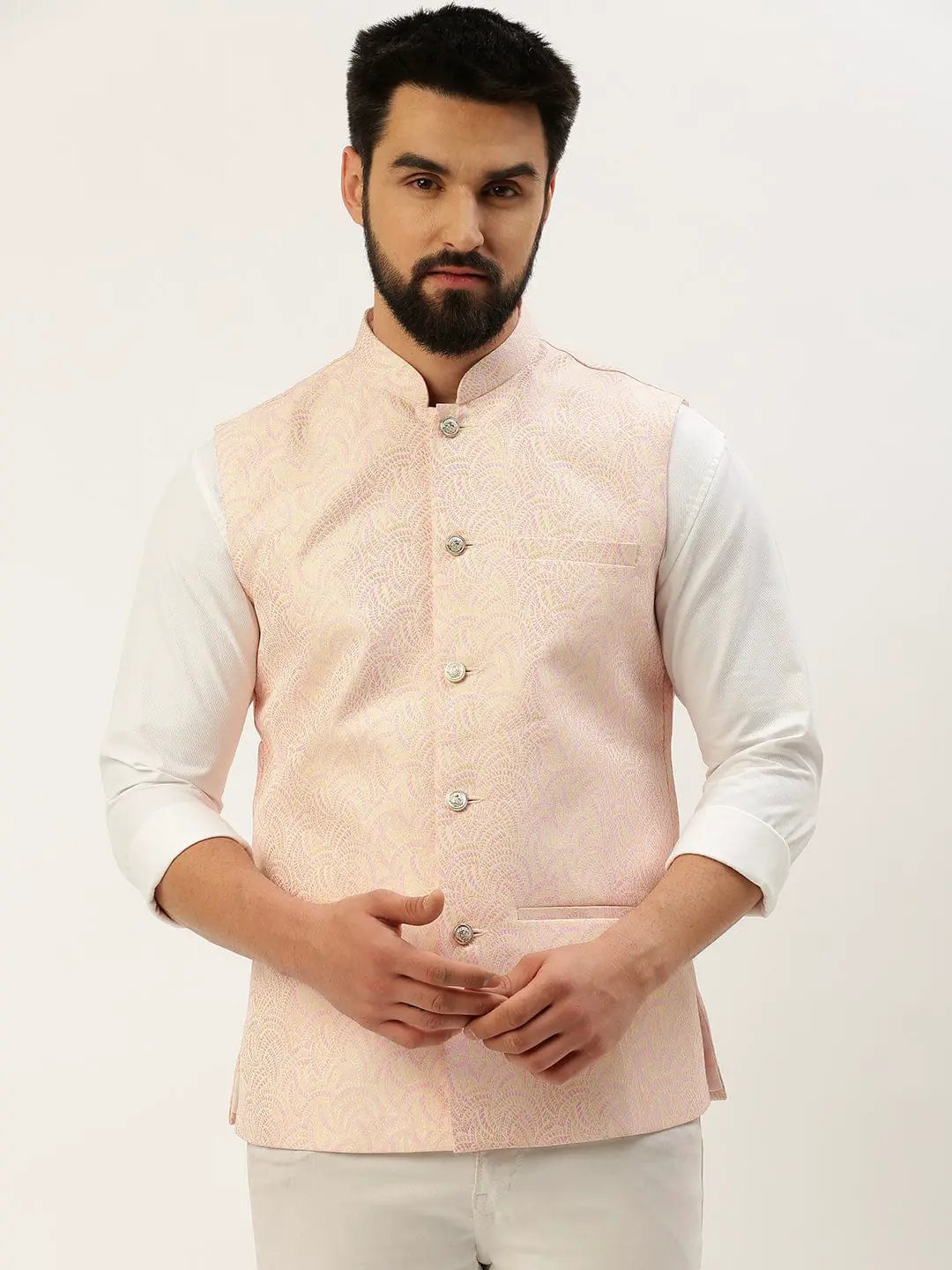 Men's Mandarin Collar Woven Design Pink Nehru Jacket