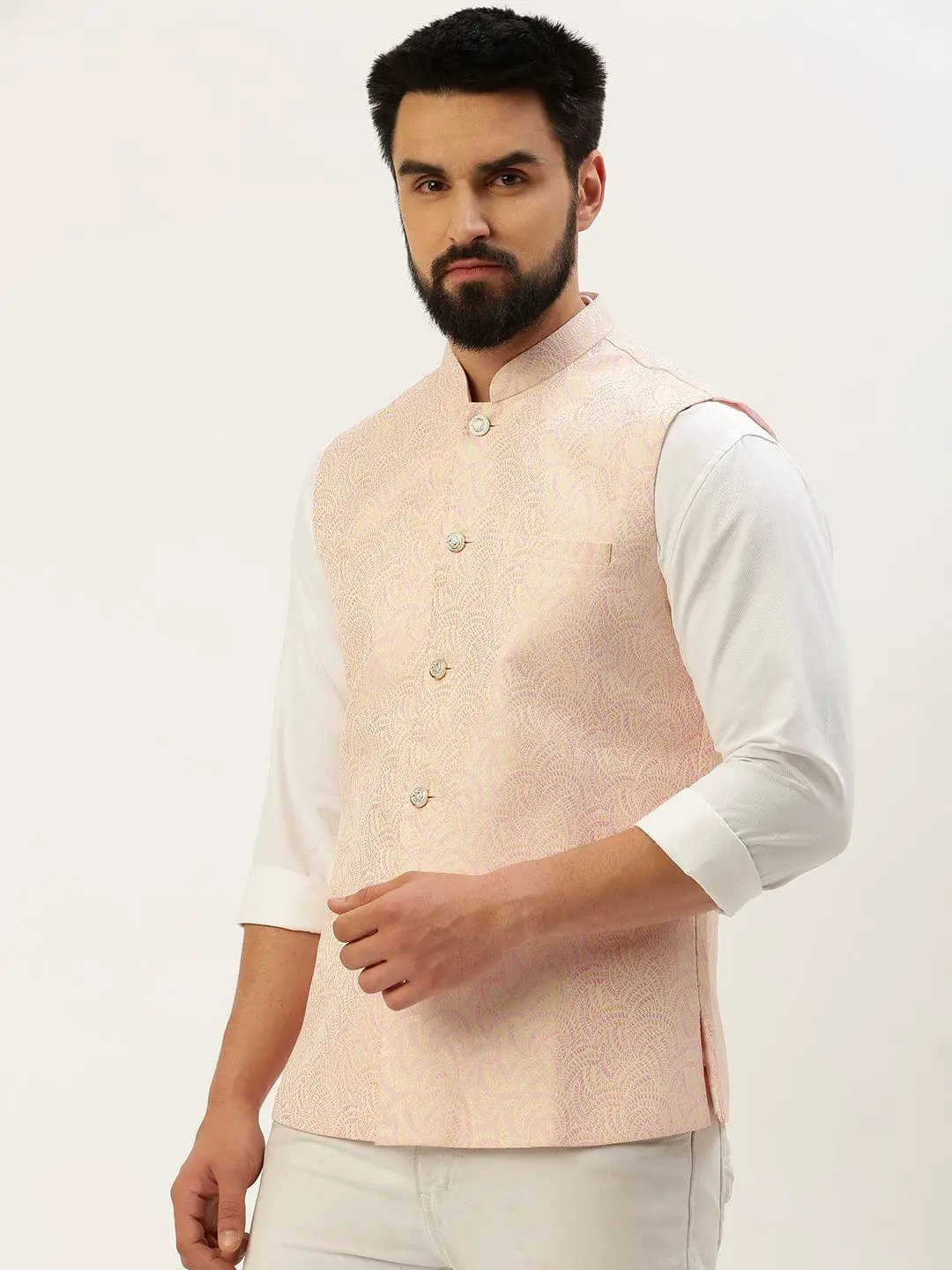 Men's Mandarin Collar Woven Design Pink Nehru Jacket