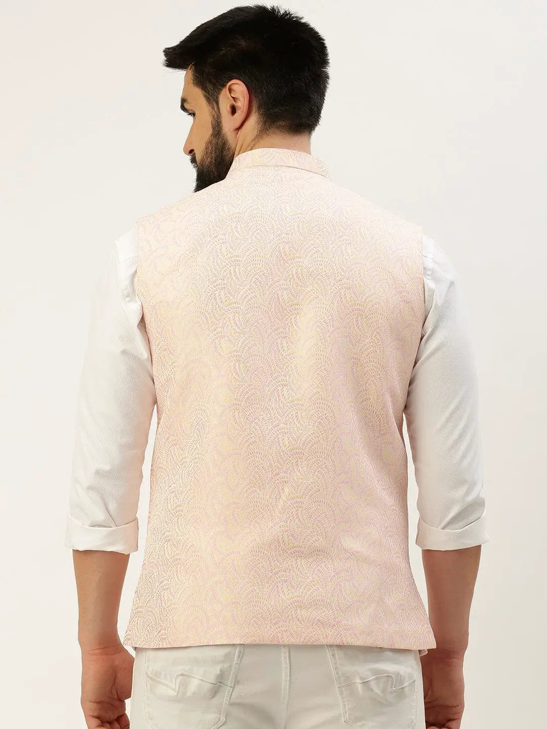 Men's Mandarin Collar Woven Design Pink Nehru Jacket