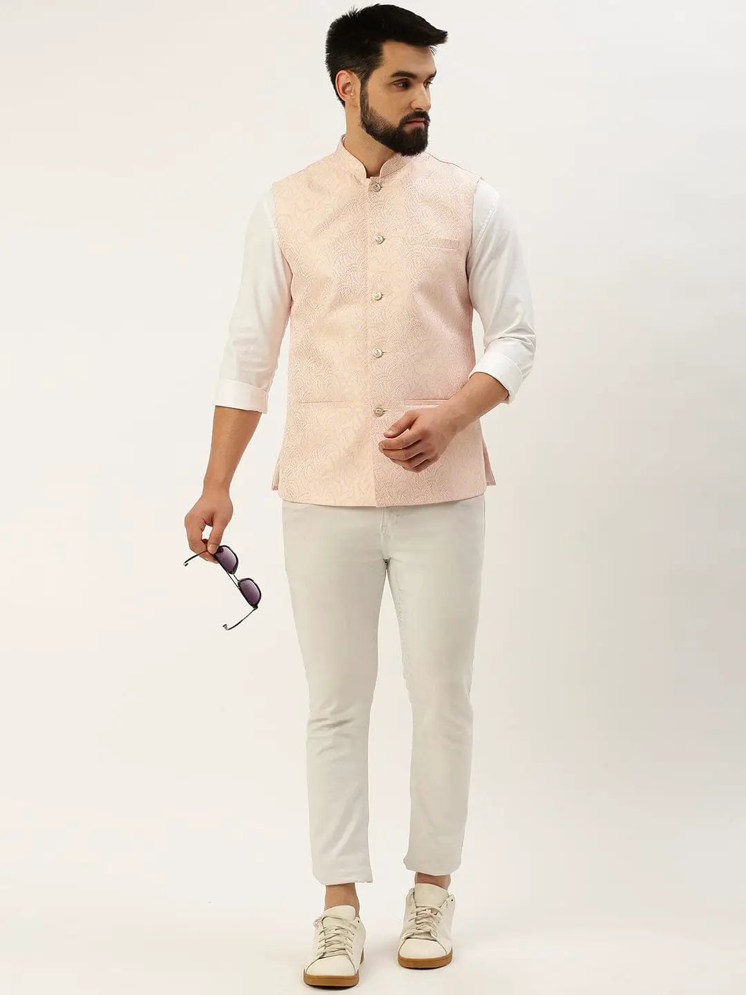Men's Mandarin Collar Woven Design Pink Nehru Jacket
