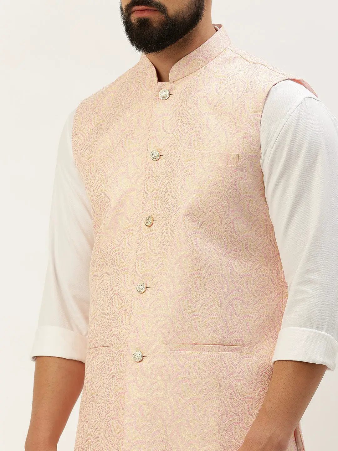 Men's Mandarin Collar Woven Design Pink Nehru Jacket