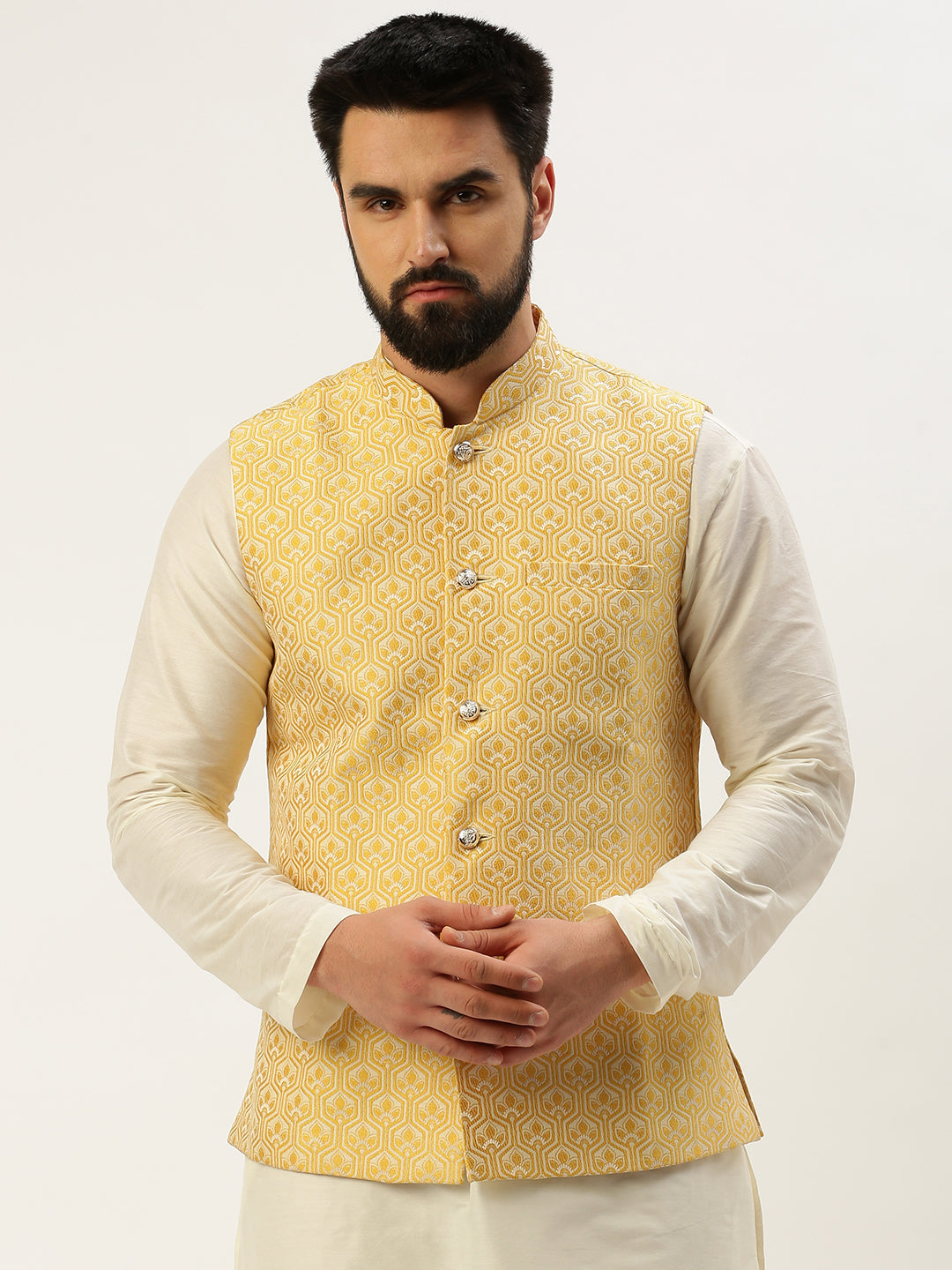 Men Mandarin Collar Woven Design Yellow Nehru Jacket